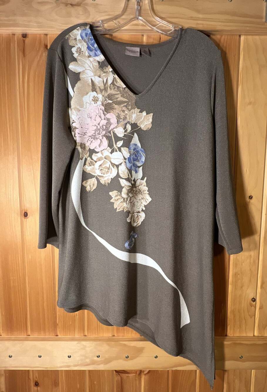 Easywear By Chico's Gray Floral Asymmetric Hem 3/4 Sleeve Tunic Size 2